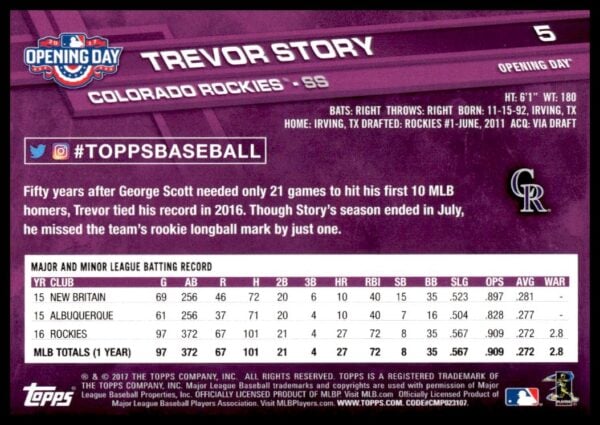 2017 Topps Series 1 Trevor Story #5 (Back)