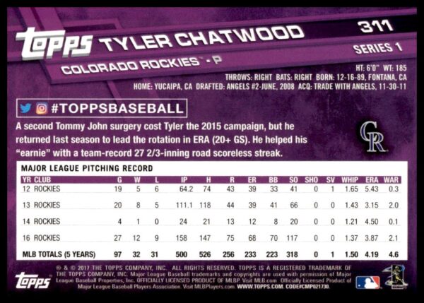 2017 Topps Series 1 Tyler Chatwood #311 (Back)