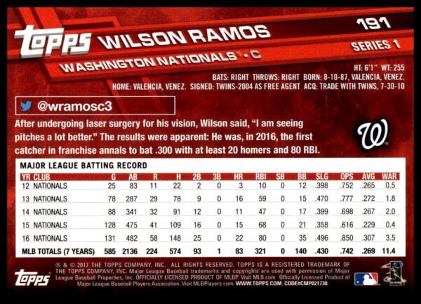 2017 Topps Series 1 Wilson Ramos #191 (Back)