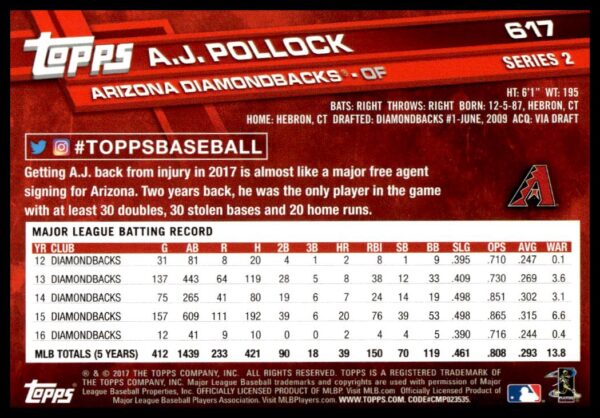 2017 Topps Series 2 A.J. Pollock #617 (Back)