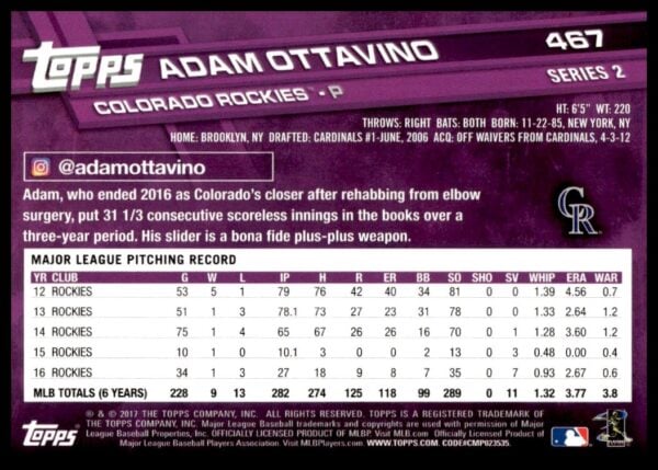 2017 Topps Series 2 Adam Ottavino #467 (Back)