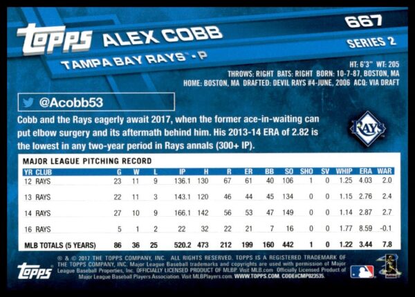 2017 Topps Series 2 Alex Cobb #667 (Back)