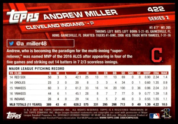 2017 Topps Series 2 Andrew Miller #422 (Back)