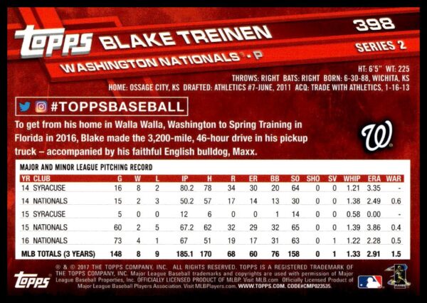 2017 Topps Series 2 Blake Treinen #398 (Back)