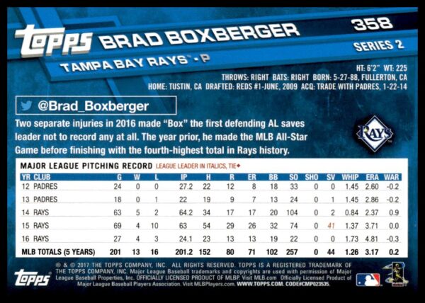 2017 Topps Series 2 Brad Boxberger #358 (Back)