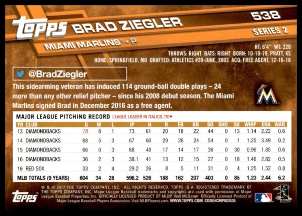 2017 Topps Series 2 Brad Ziegler #538 (Back)