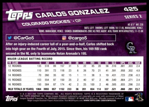 2017 Topps Series 2 Carlos Gonzalez #425 (Back)