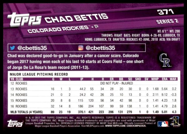 2017 Topps Series 2 Chad Bettis #371 (Back)