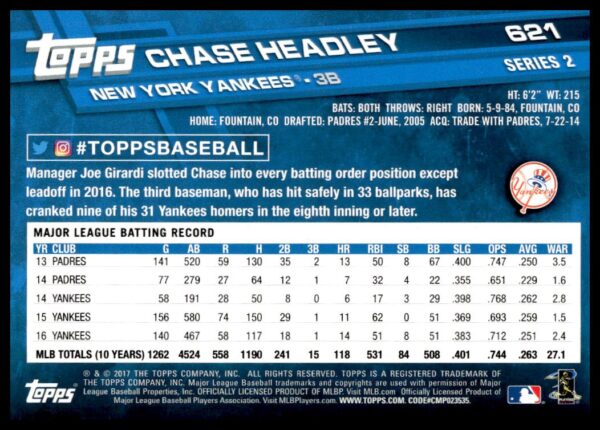 2017 Topps Series 2 Chase Headley #621 (Back)