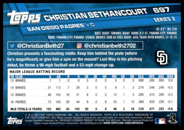 2017 Topps Series 2 Christian Bethancourt #697 (Back)