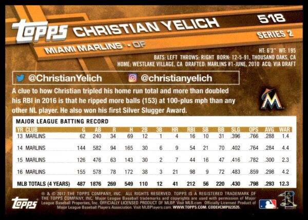 2017 Topps Series 2 Christian Yelich #518 (Back)