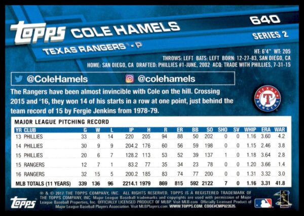 2017 Topps Series 2 Cole Hamels #640 (Back)