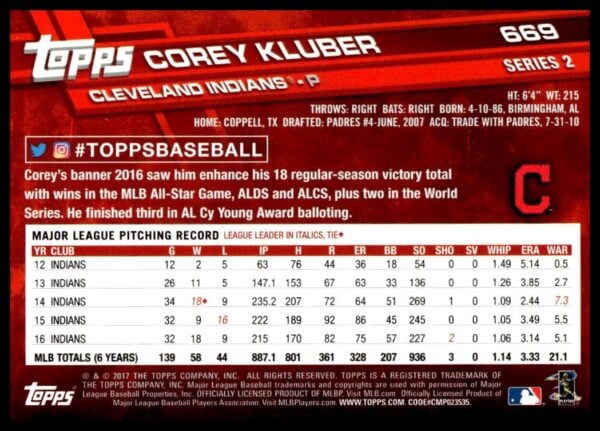 2017 Topps Series 2 Corey Kluber #669 (Back)