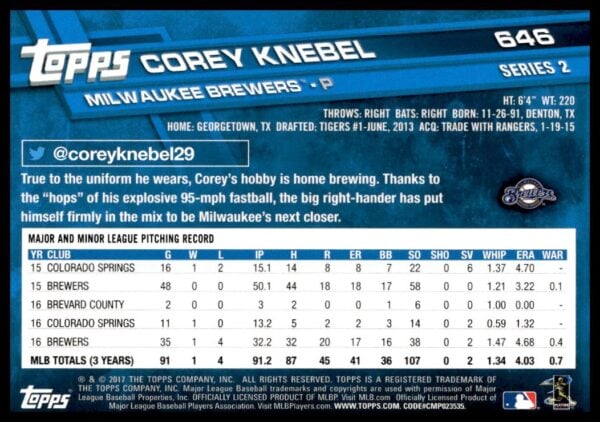 2017 Topps Series 2 Corey Knebel #646 (Back)