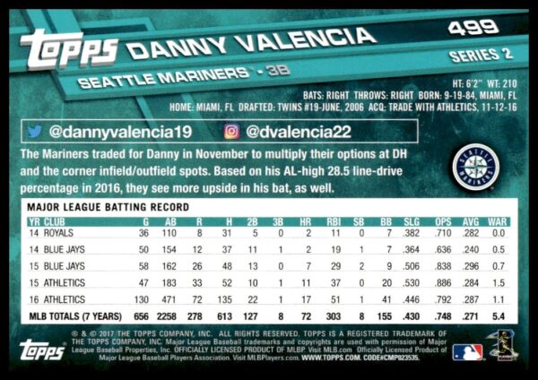 2017 Topps Series 2 Danny Valencia #499 (Back)