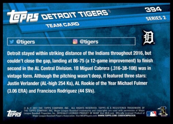 2017 Topps Series 2 Detroit Tigers #394 (Back)