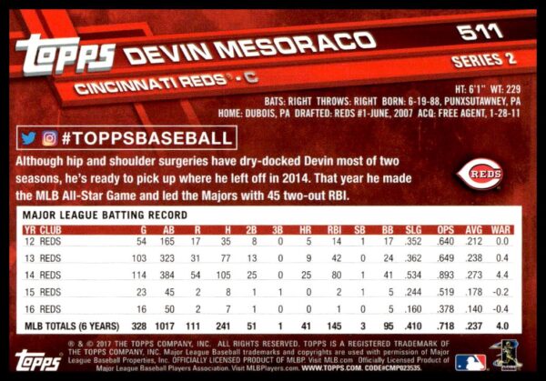 2017 Topps Series 2 Devin Mesoraco #511 (Back)