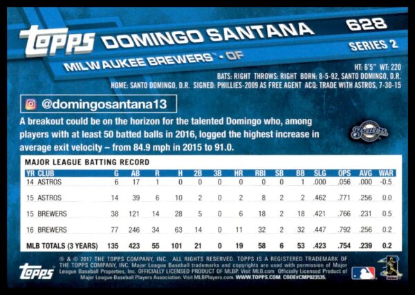 2017 Topps Series 2 Domingo Santana #628 (Back)