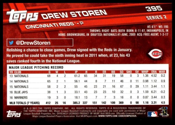 2017 Topps Series 2 Drew Storen #395 (Back)