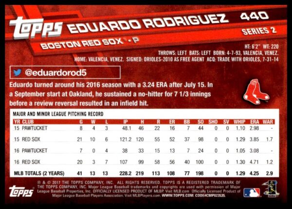 2017 Topps Series 2 Eduardo Rodriguez #440 (Back)