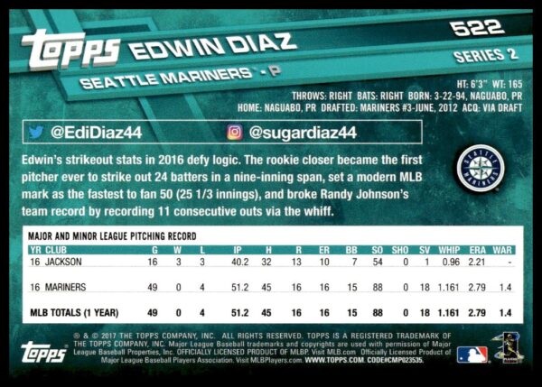 2017 Topps Series 2 Edwin Diaz #522 (Back)