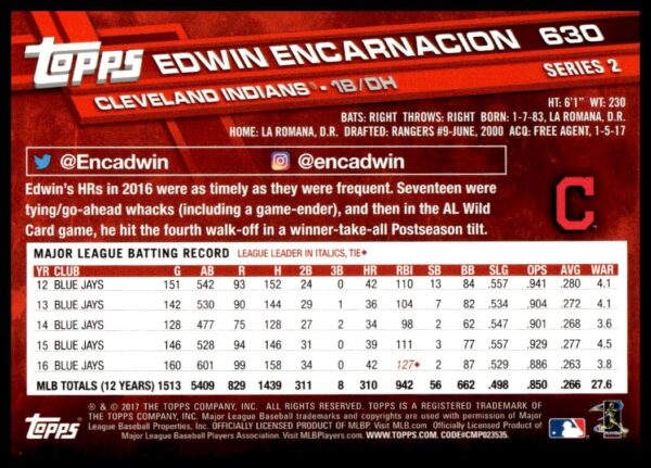 2017 Topps Series 2 Edwin Encarnacion #630 (Back)