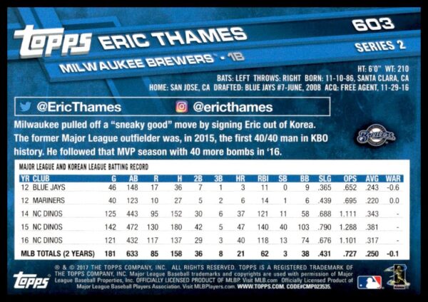 2017 Topps Series 2 Eric Thames #603 (Back)