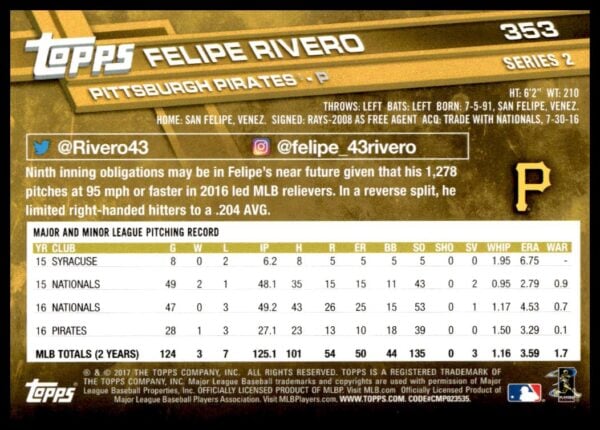 2017 Topps Series 2 Felipe Rivero #353 (Back)