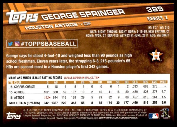 2017 Topps Series 2 George Springer #389 (Back)