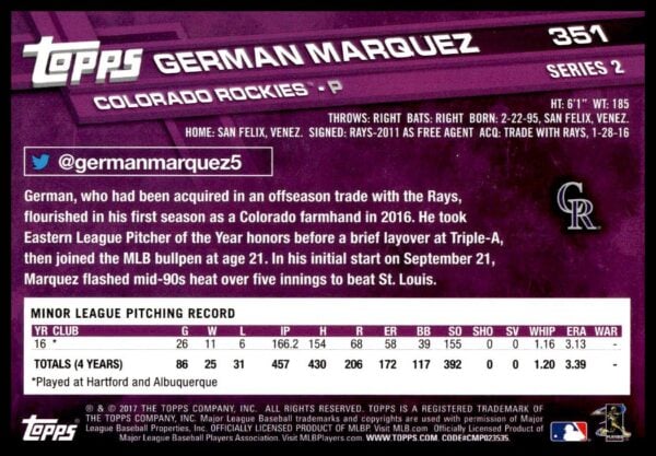 2017 Topps Series 2 German Marquez #351 (Back)