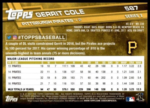 2017 Topps Series 2 Gerrit Cole #587 (Back)