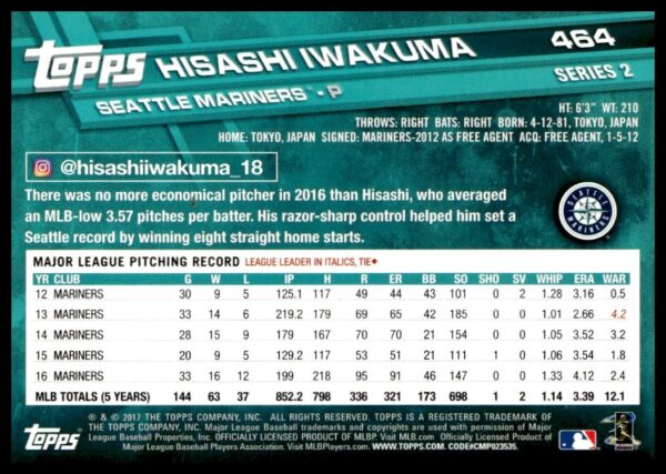 2017 Topps Series 2 Hisashi Iwakuma #464 (Back)