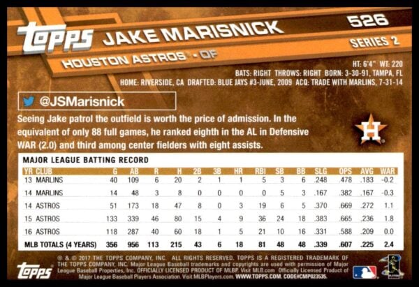 2017 Topps Series 2 Jake Marisnick #526 (Back)