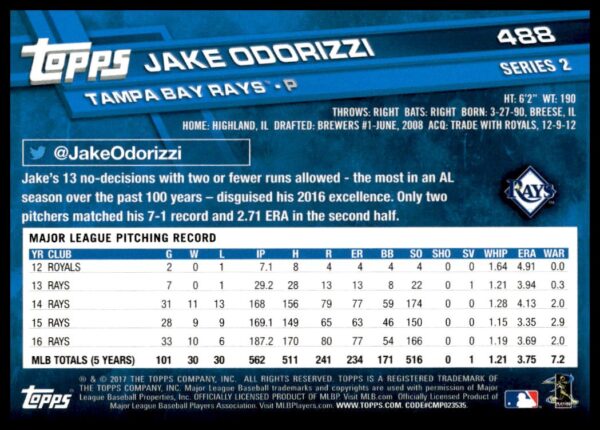 2017 Topps Series 2 Jake Odorizzi #488 (Back)