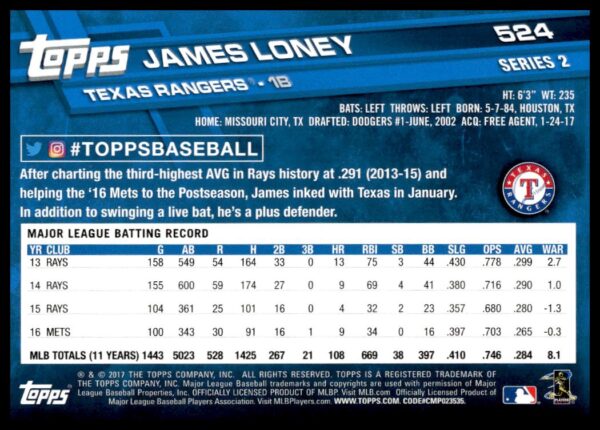 2017 Topps Series 2 James Loney #524 (Back)