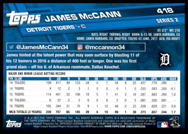 2017 Topps Series 2 James McCann #418 (Back)