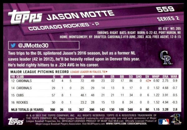 2017 Topps Series 2 Jason Motte #559 (Back)