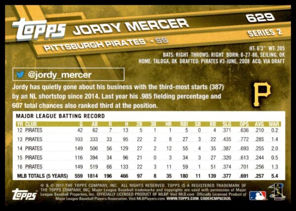 2017 Topps Series 2 Jordy Mercer #629 (Back)