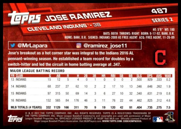 2017 Topps Series 2 Jose Ramirez #487 (Back)