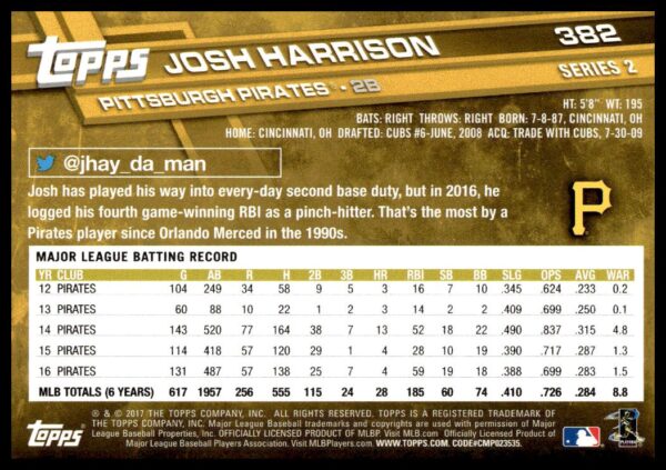 2017 Topps Series 2 Josh Harrison #382 (Back)