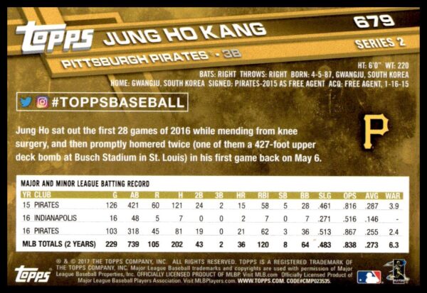 2017 Topps Series 2 Jung Ho Kang #679 (Back)