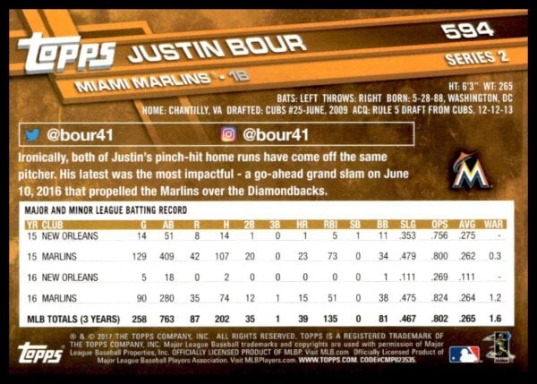 2017 Topps Series 2 Justin Bour #594 (Back)