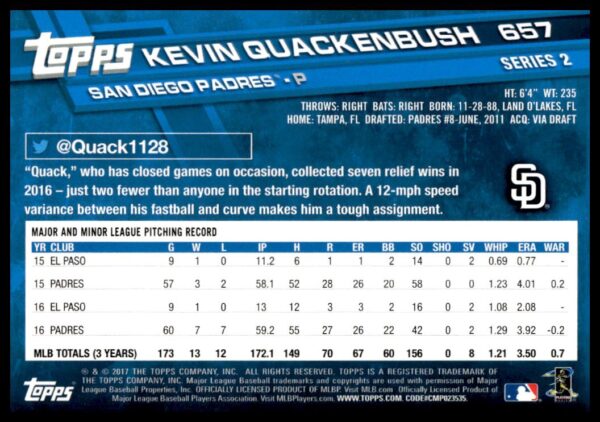 2017 Topps Series 2 Kevin Quackenbush #657 (Back)