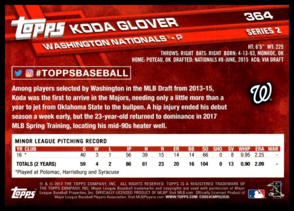 2017 Topps Series 2 Koda Glover #364 (Back)