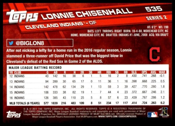 2017 Topps Series 2 Lonnie Chisenhall #535 (Back)