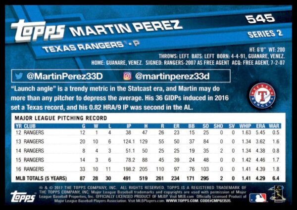 2017 Topps Series 2 Martin Perez #545 (Back)