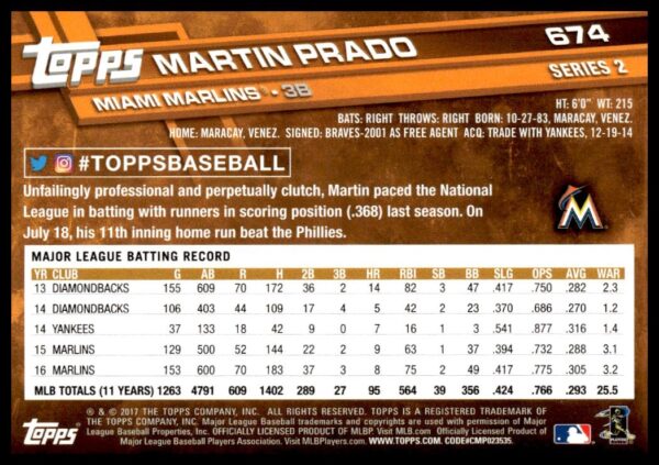 2017 Topps Series 2 Martin Prado #674 (Back)