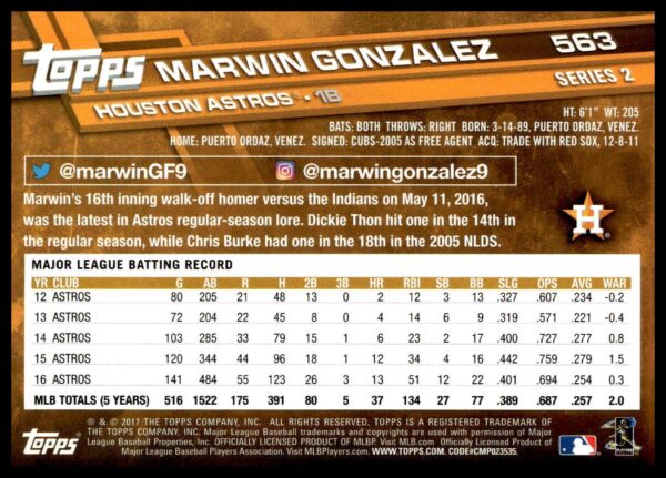 2017 Topps Series 2 Marwin Gonzalez #563 (Back)