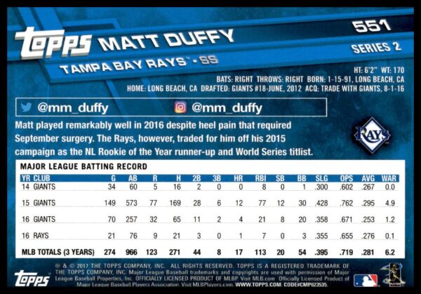 2017 Topps Series 2 Matt Duffy #551 (Back)