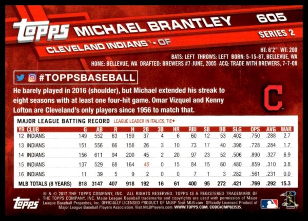 2017 Topps Series 2 Michael Brantley #605 (Back)